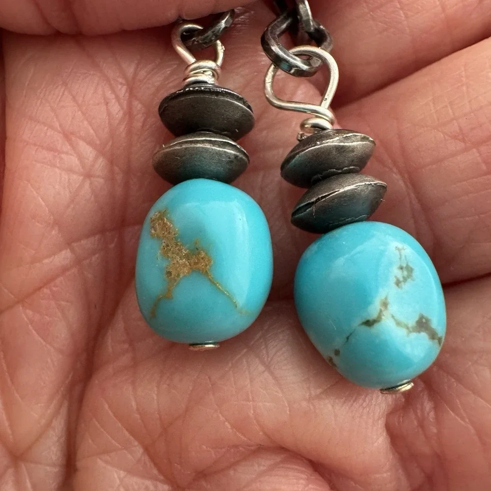 Long Navajo Turquoise Earrings 3.25in Sterling 925 Dangle Navajo Matte Chain - Picture 8 of 9